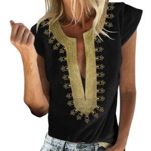 Black Short Sleeve Printed Neck Shift Blouse